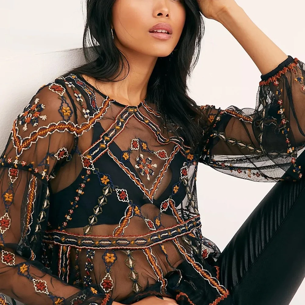 Free People Give A Little Mesh Top Black Embroidered Boho XS - Picture 3 of 10